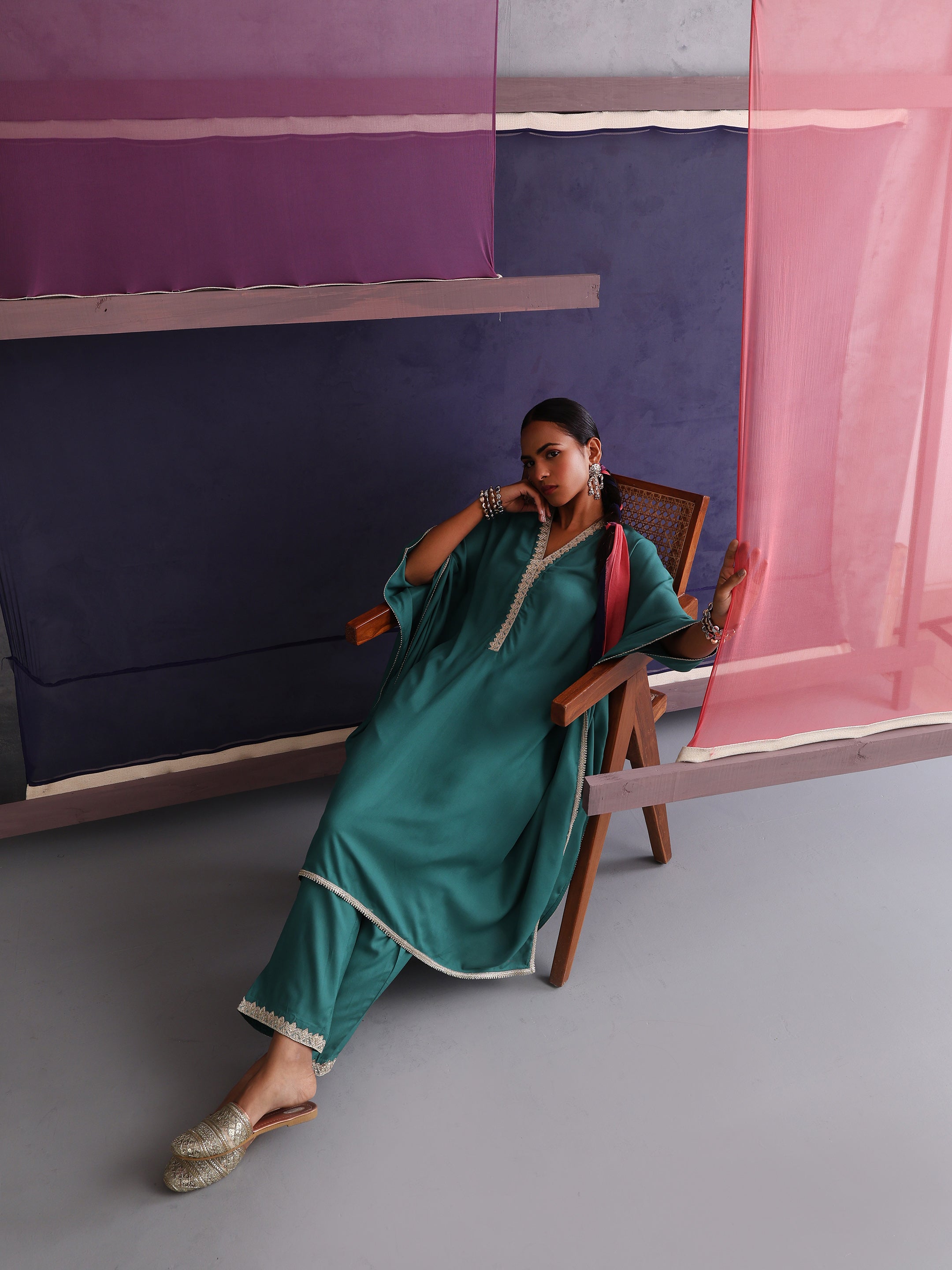 Khushal K Women V-Neck-line Green Kaftan set