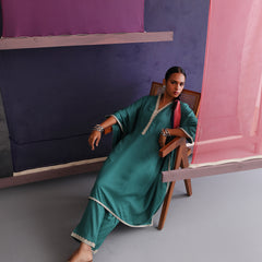Khushal K Women V-Neck-line Green Kaftan set