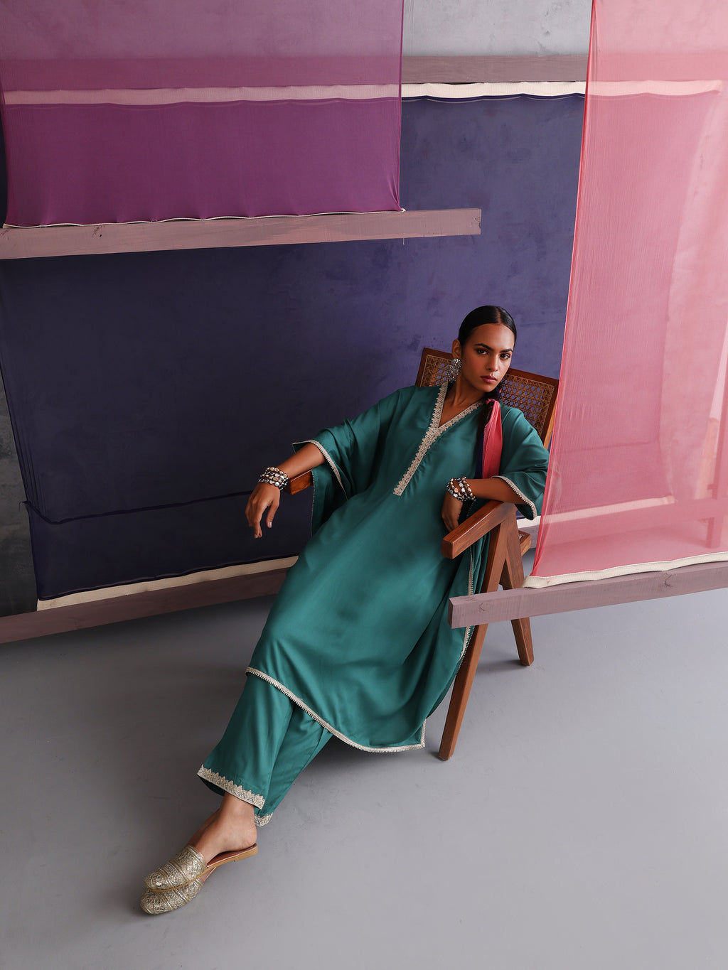 Khushal K Women V-Neck-line Green Kaftan set