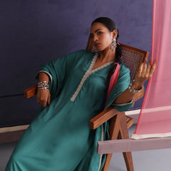 Khushal K Women V-Neck-line Green Kaftan set