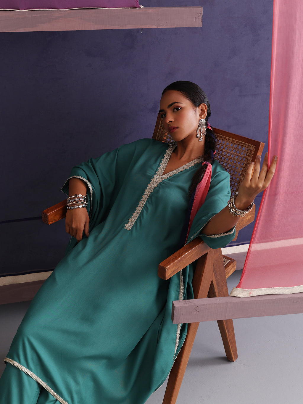 Khushal K Women V-Neck-line Green Kaftan set