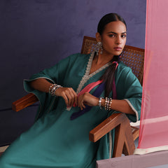 Khushal K Women V-Neck-line Green Kaftan set