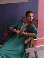 Khushal K Women V-Neck-line Green Kaftan set