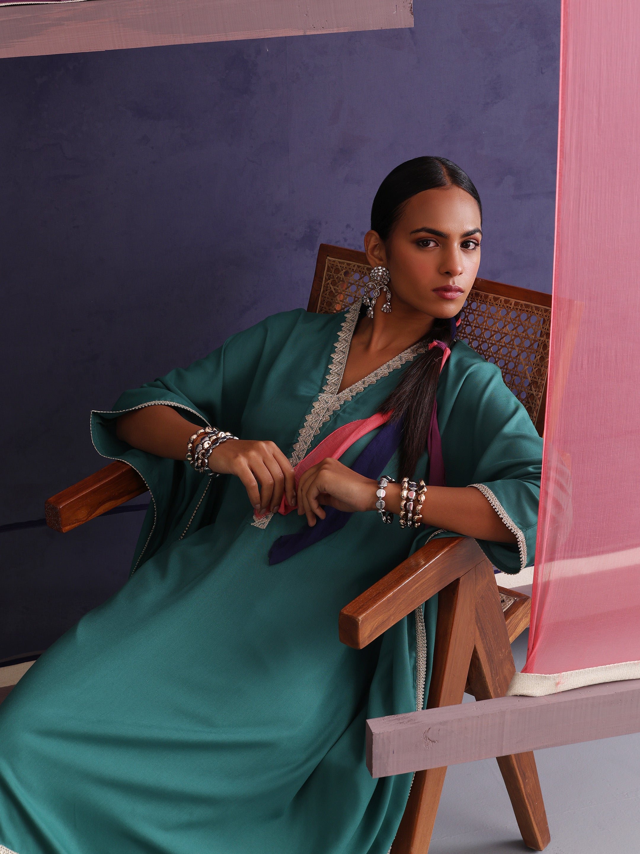 Khushal K Women V-Neck-line Green Kaftan set