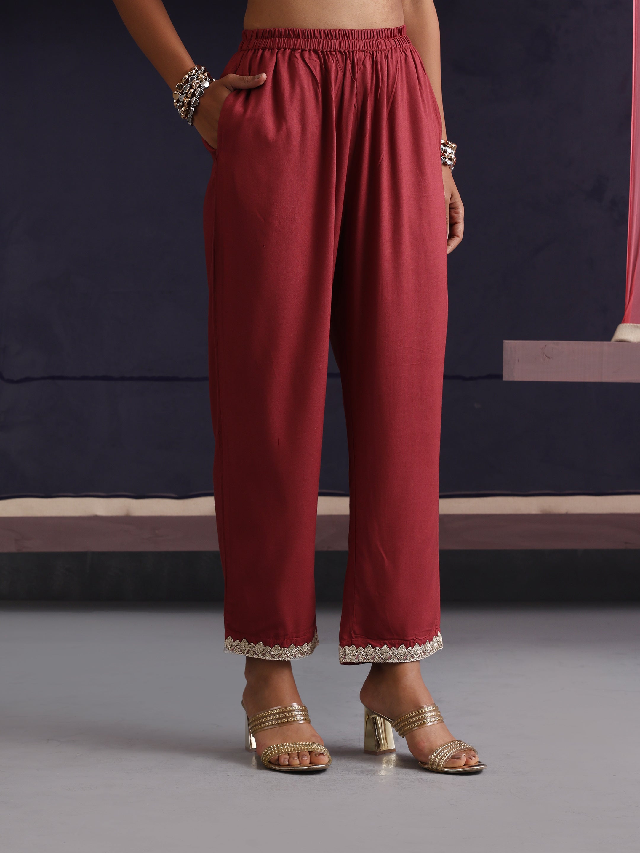 Khushal K Women V-Neck-line Rust Kaftan set