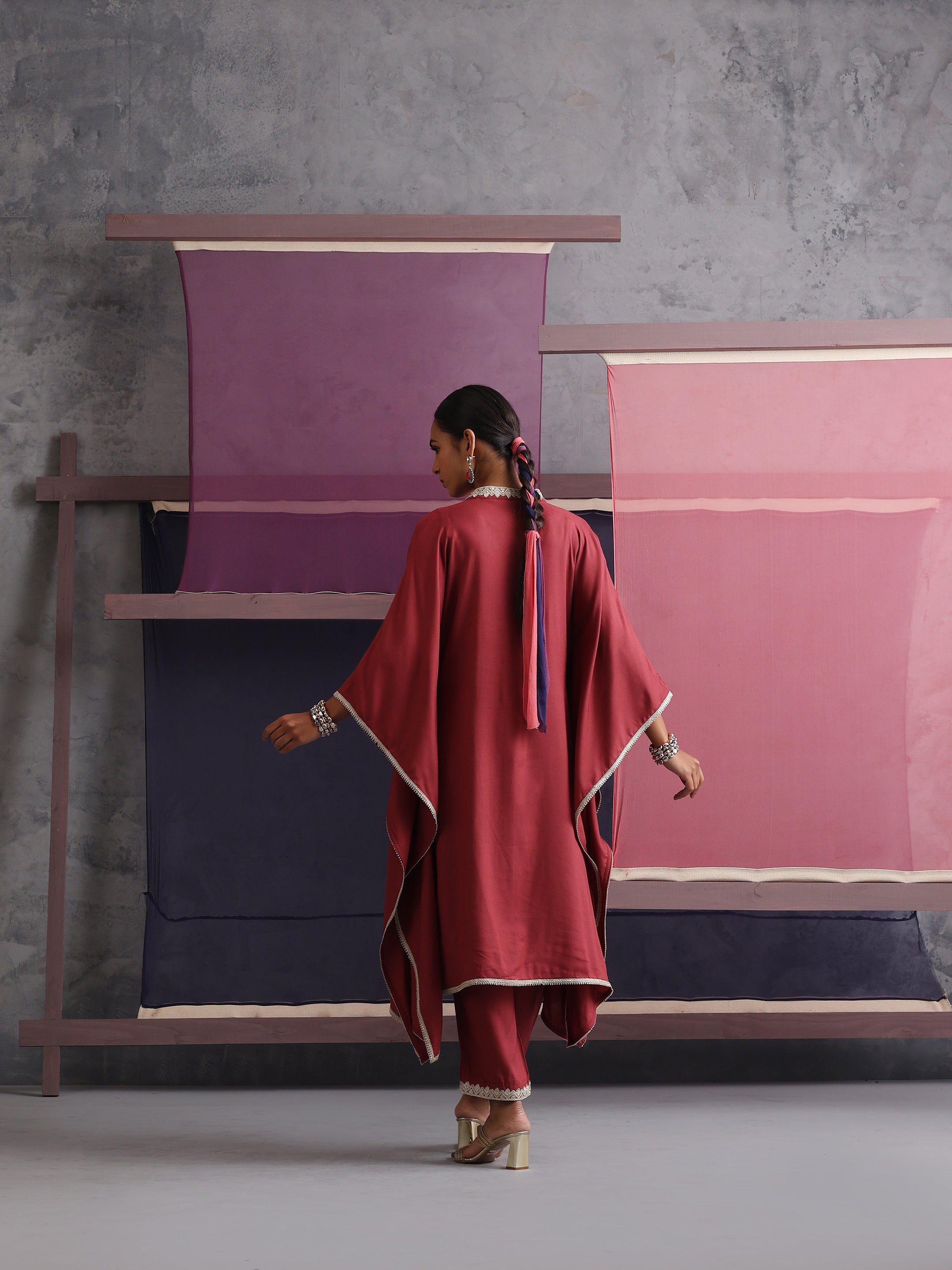 Khushal K Women V-Neck-line Rust Kaftan set