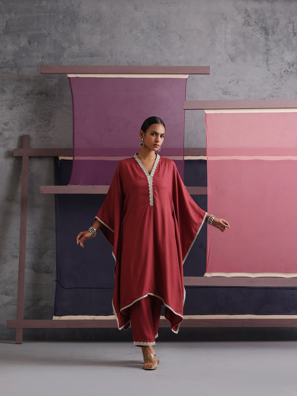 Khushal K Women V-Neck-line Rust Kaftan set