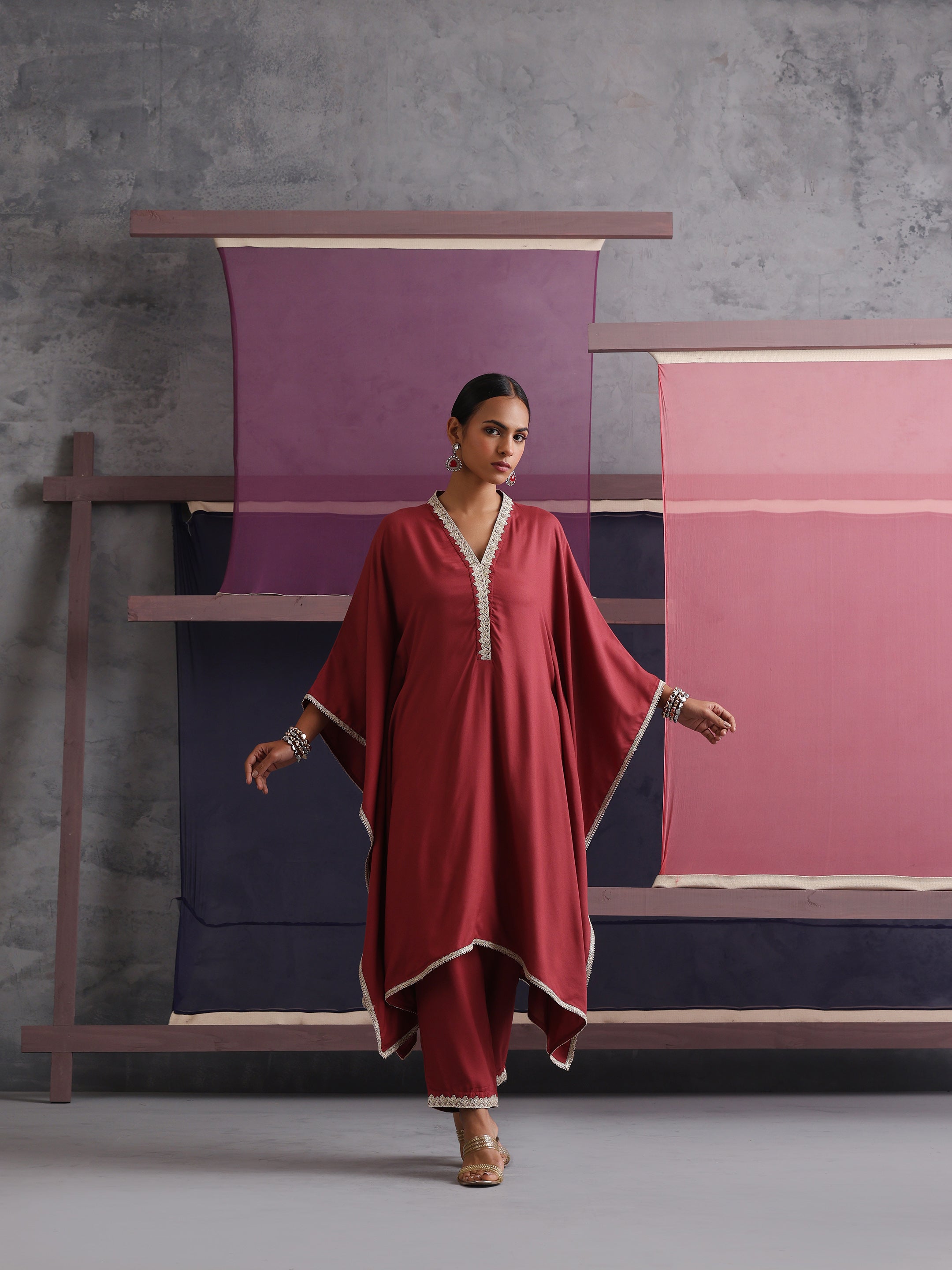 Khushal K Women V-Neck-line Rust Kaftan set