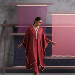 Khushal K Women V-Neck-line Rust Kaftan set