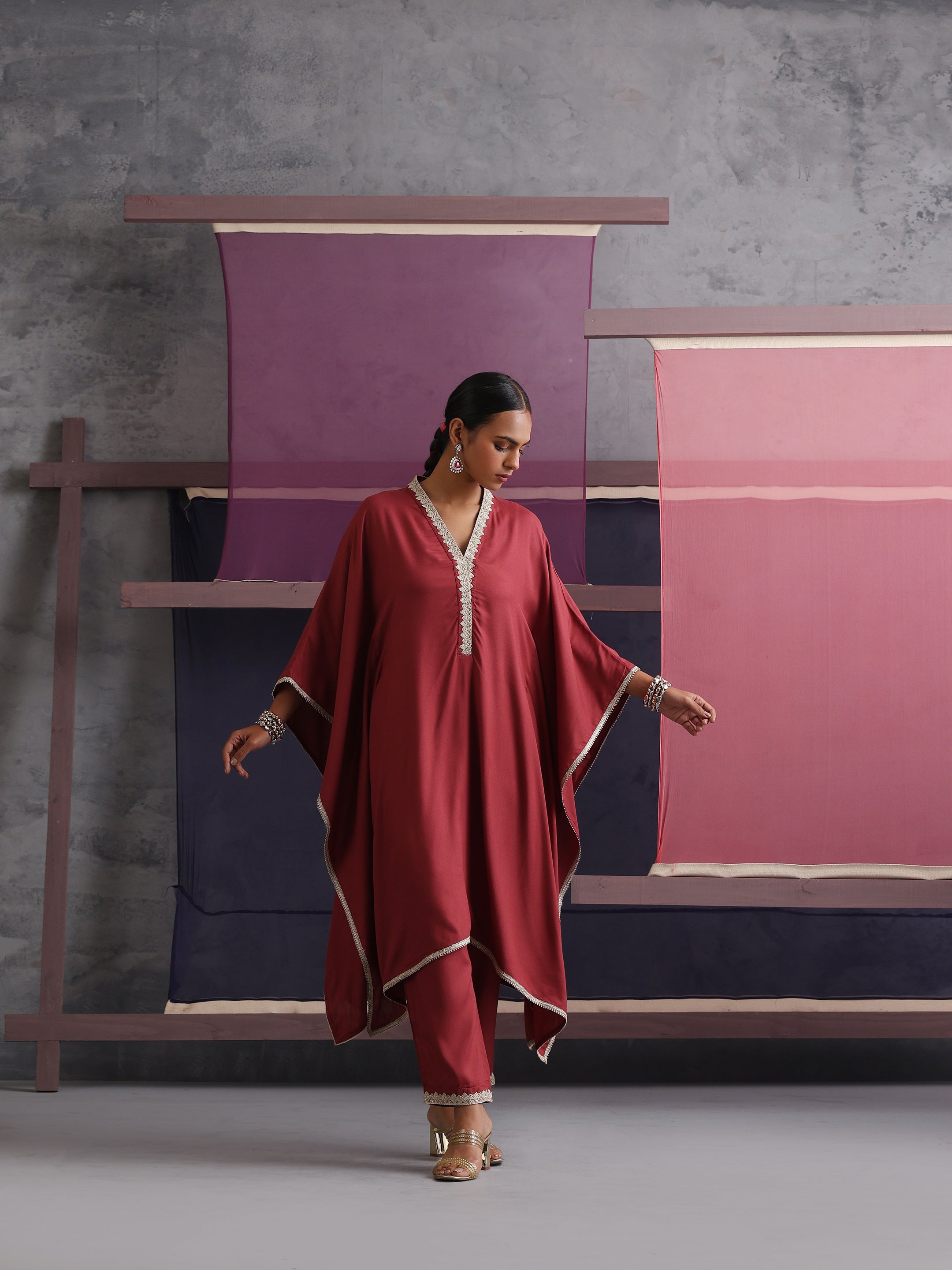 Khushal K Women V-Neck-line Rust Kaftan set