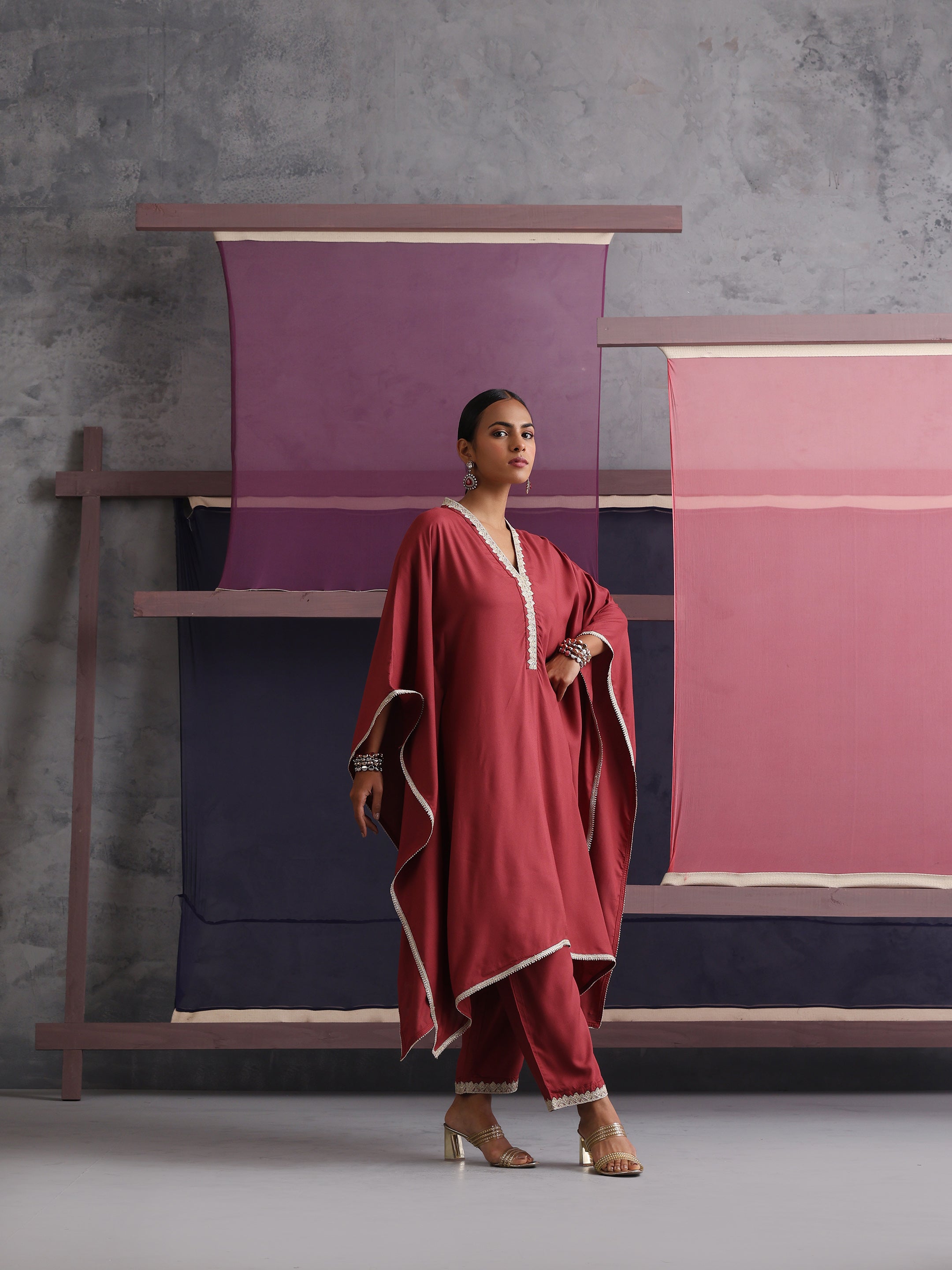 Khushal K Women V-Neck-line Rust Kaftan set