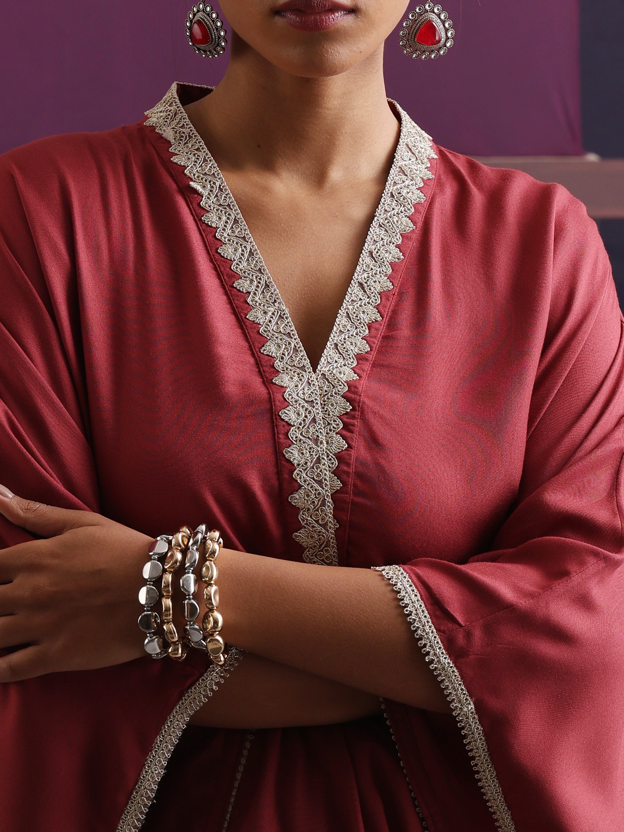 Khushal K Women V-Neck-line Rust Kaftan set