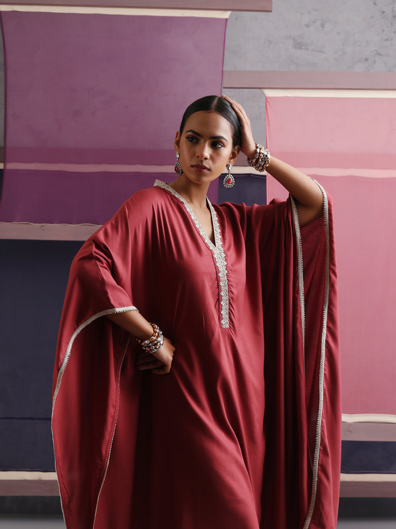 Khushal K Women V-Neck-line Rust Kaftan set