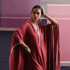 Khushal K Women V-Neck-line Rust Kaftan set