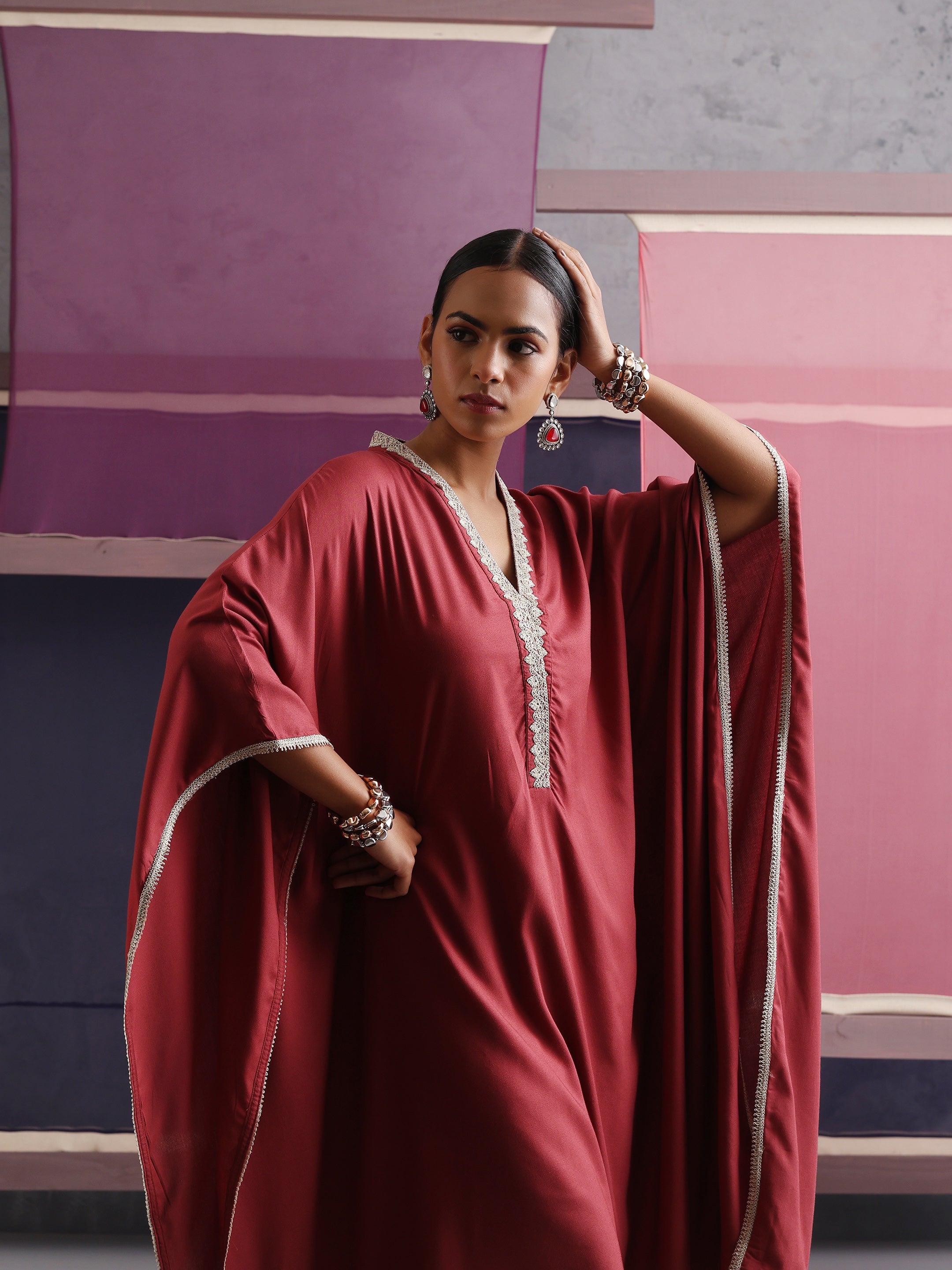 Khushal K Women V-Neck-line Rust Kaftan set