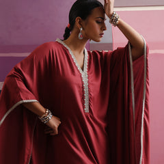 Khushal K Women V-Neck-line Rust Kaftan set