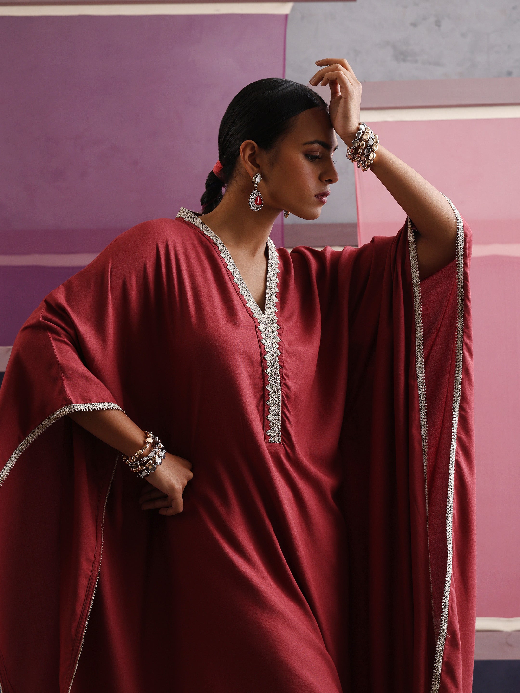 Khushal K Women V-Neck-line Rust Kaftan set