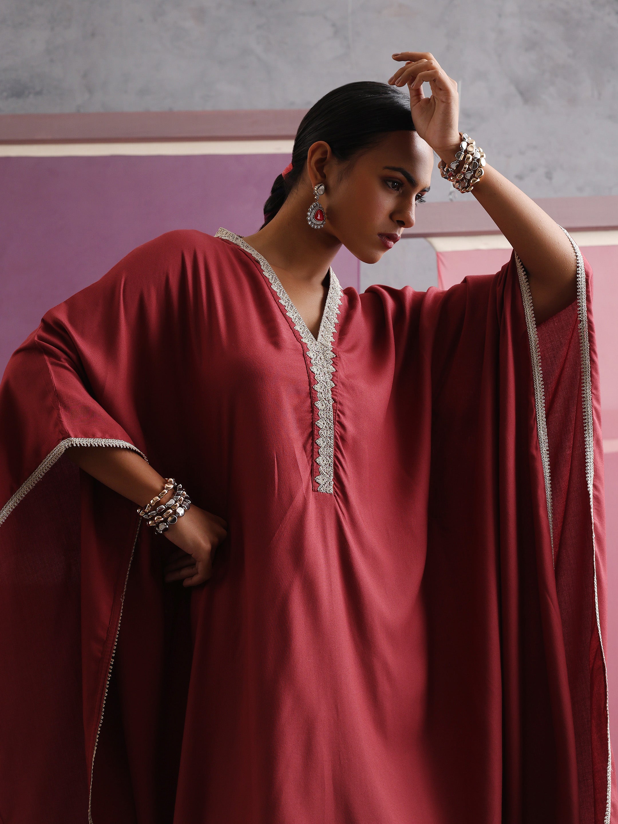 Khushal K Women V-Neck-line Rust Kaftan set