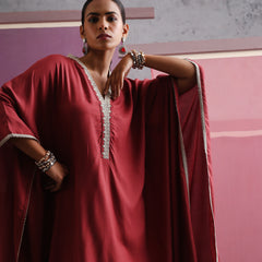 Khushal K Women V-Neck-line Rust Kaftan set