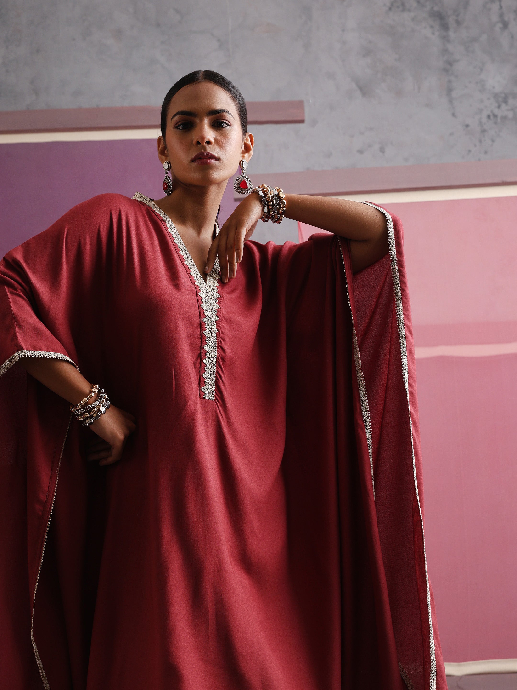 Khushal K Women V-Neck-line Rust Kaftan set