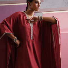 Khushal K Women V-Neck-line Rust Kaftan set
