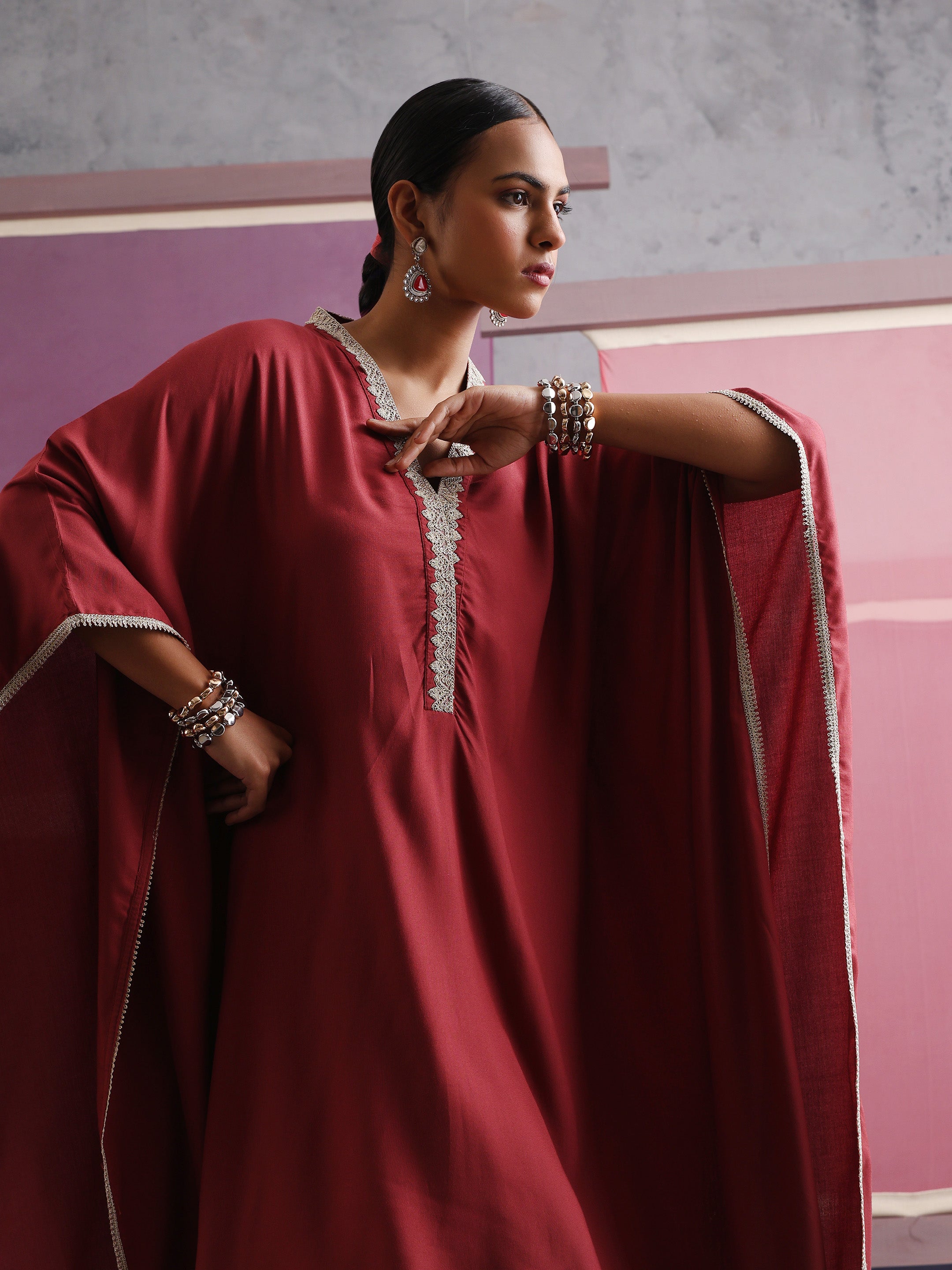 Khushal K Women V-Neck-line Rust Kaftan set