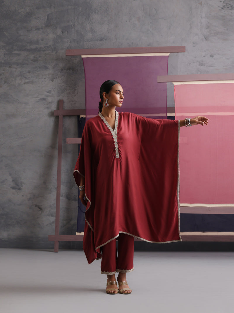 Khushal K Women V-Neck-line Rust Kaftan set