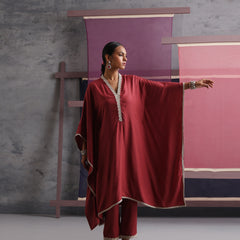 Khushal K Women V-Neck-line Rust Kaftan set