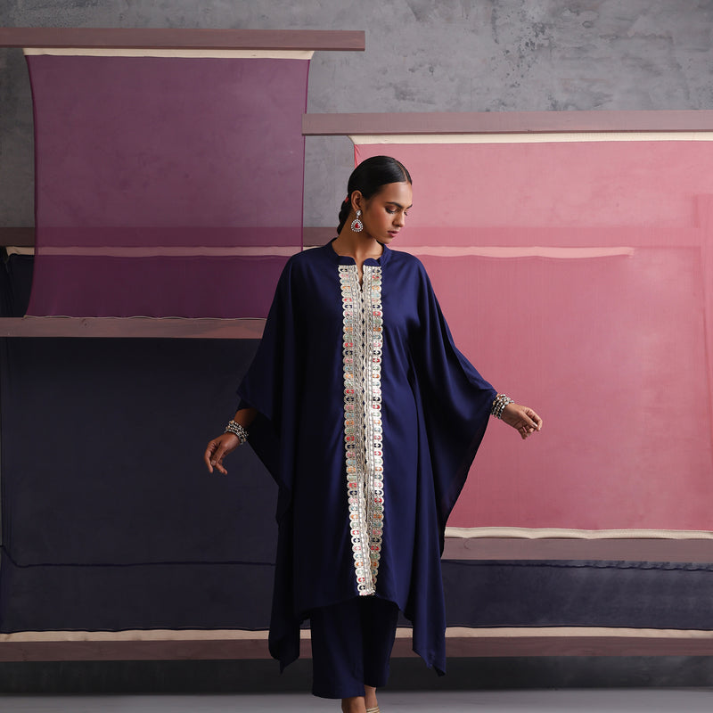 Women Mandarin Collar Blue Kaftan Set - Navy - Khushal K - Image 5