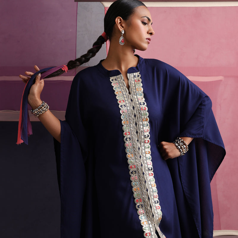 Women Mandarin Collar Blue Kaftan Set - Navy - Khushal K - Image 9