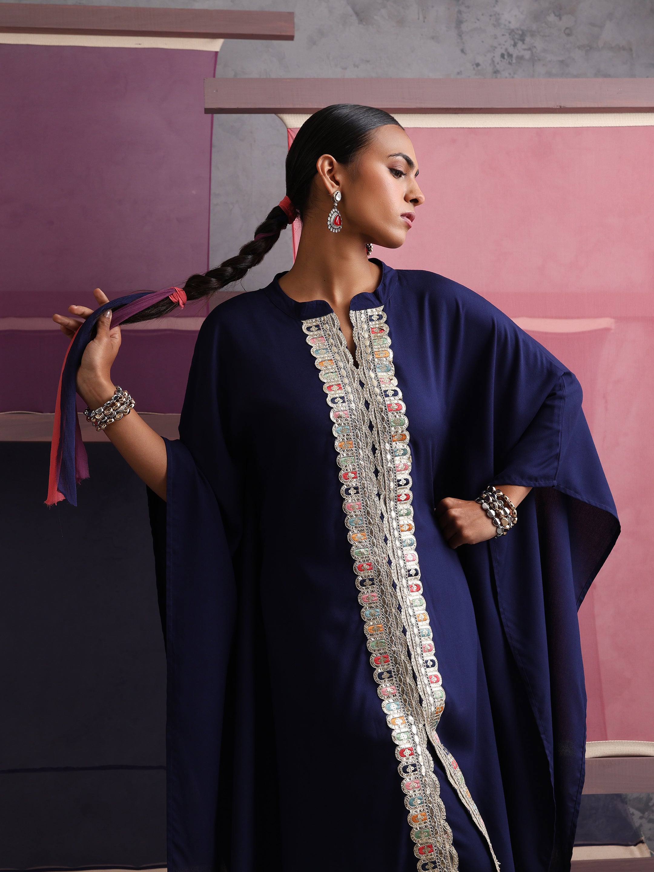 Khushal K Women Mandarin collar Blue Kaftan set