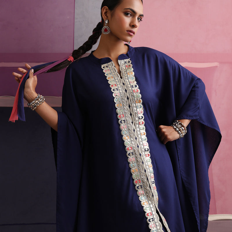 Women Mandarin Collar Blue Kaftan Set - Navy - Khushal K - Image 10