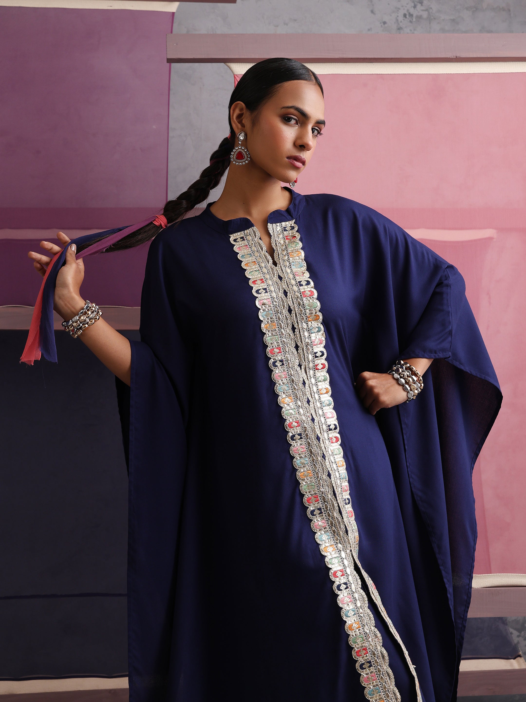 Khushal K Women Mandarin collar Blue Kaftan set