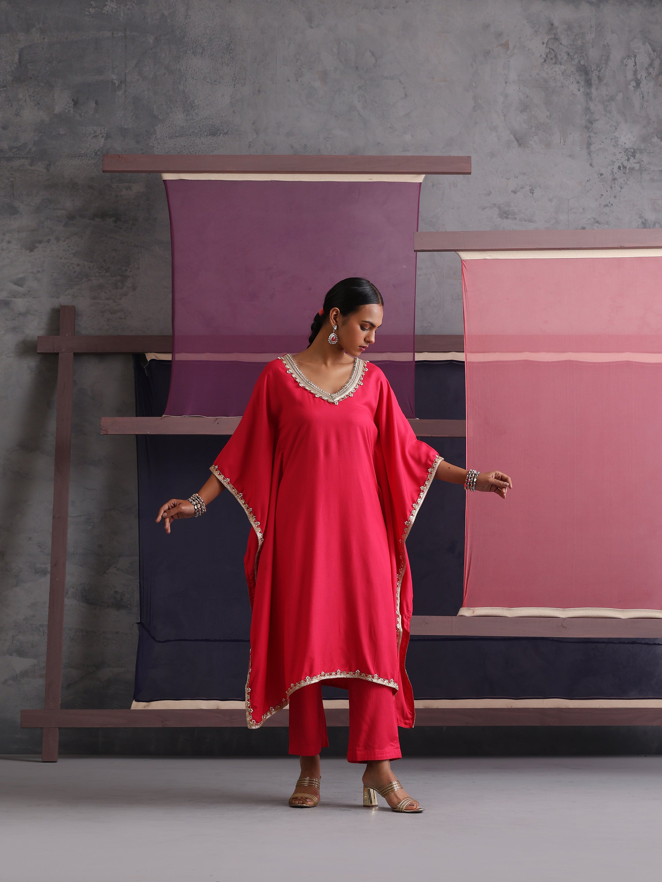 Khushal K Women V-Neck Pink Kaftan set