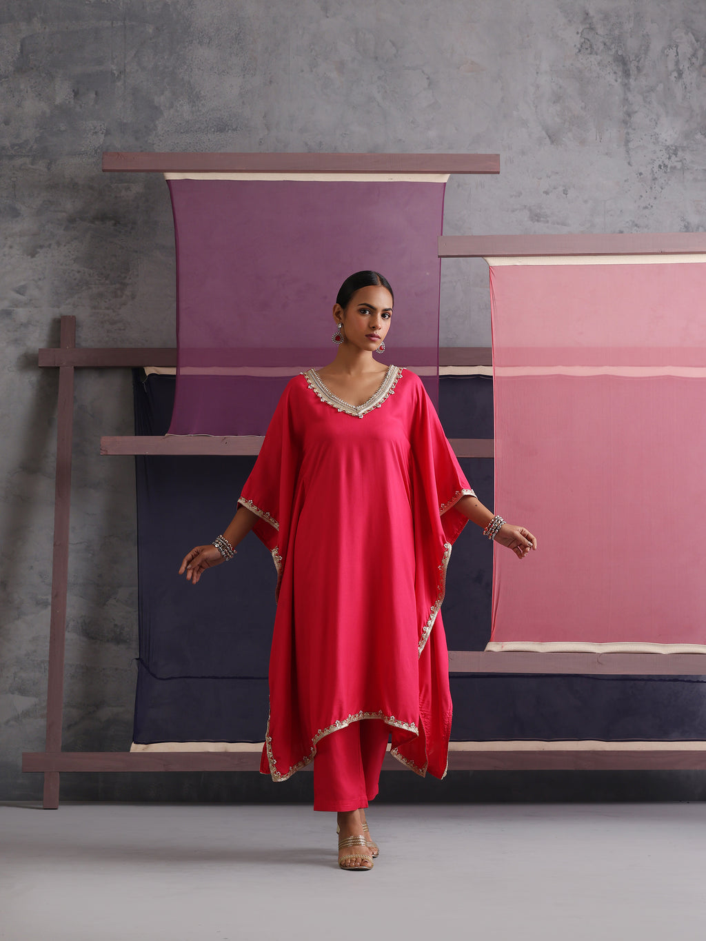 Khushal K Women V-Neck Pink Kaftan set