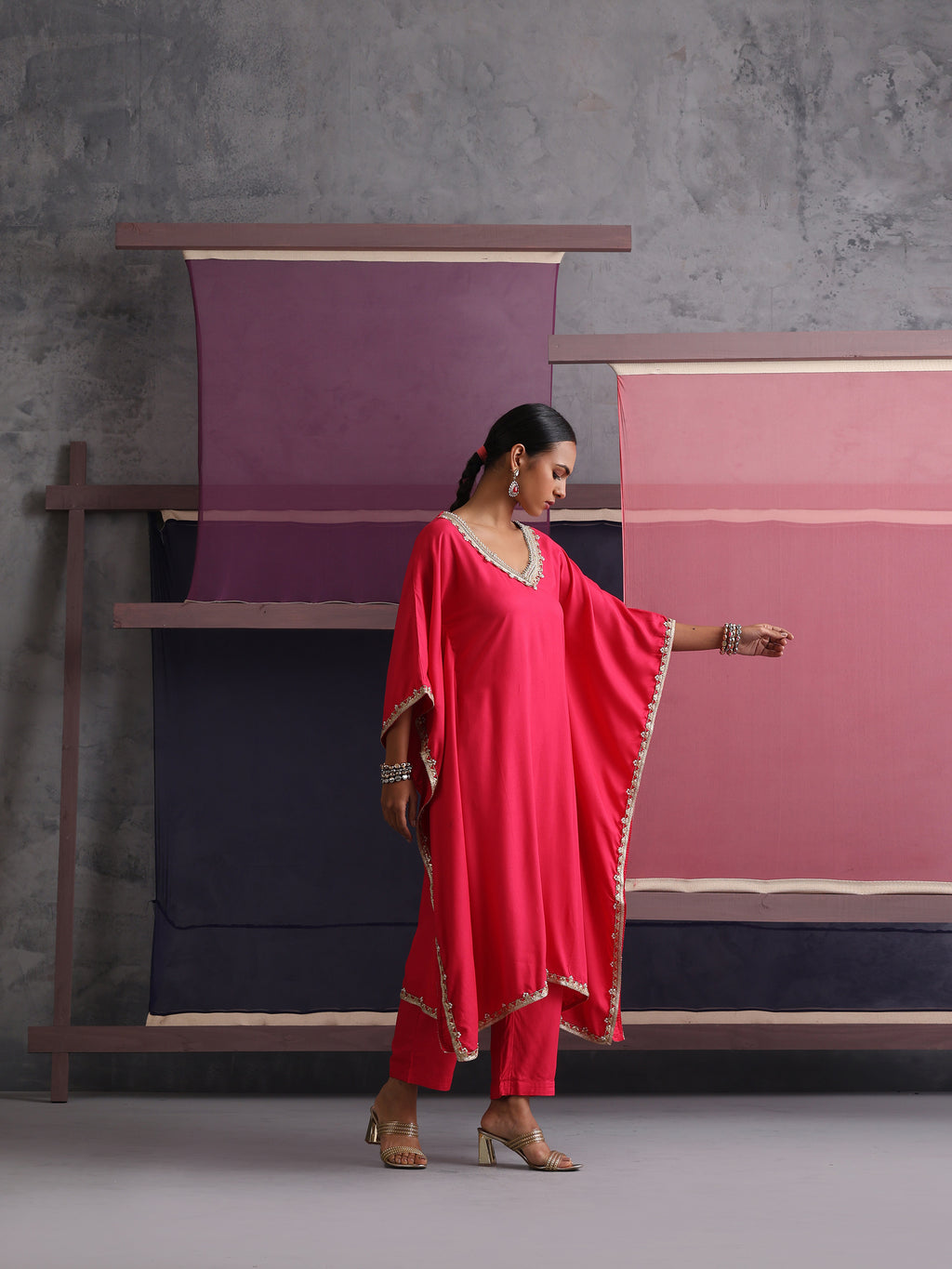 Khushal K Women V-Neck Pink Kaftan set