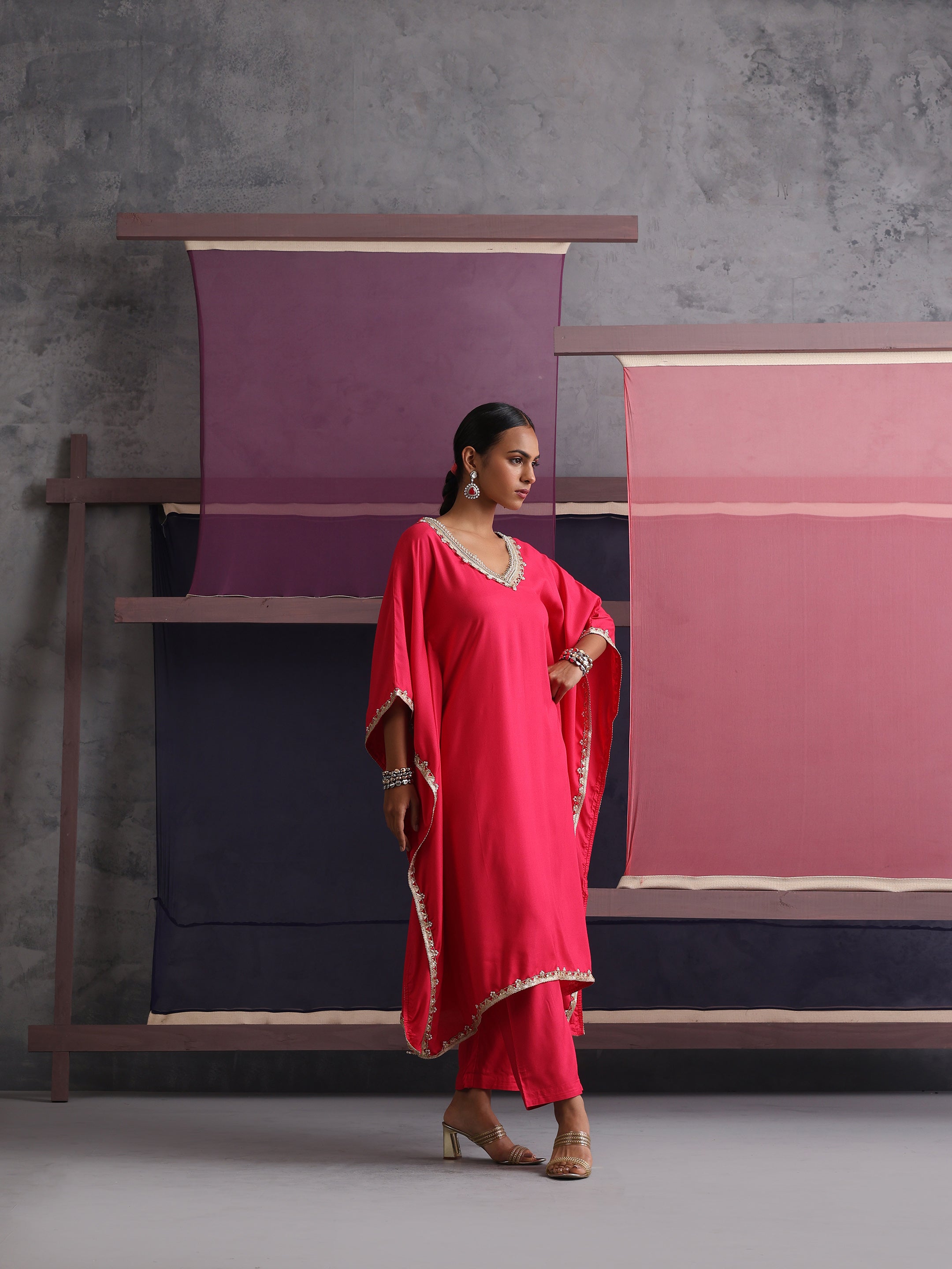 Khushal K Women V-Neck Pink Kaftan set