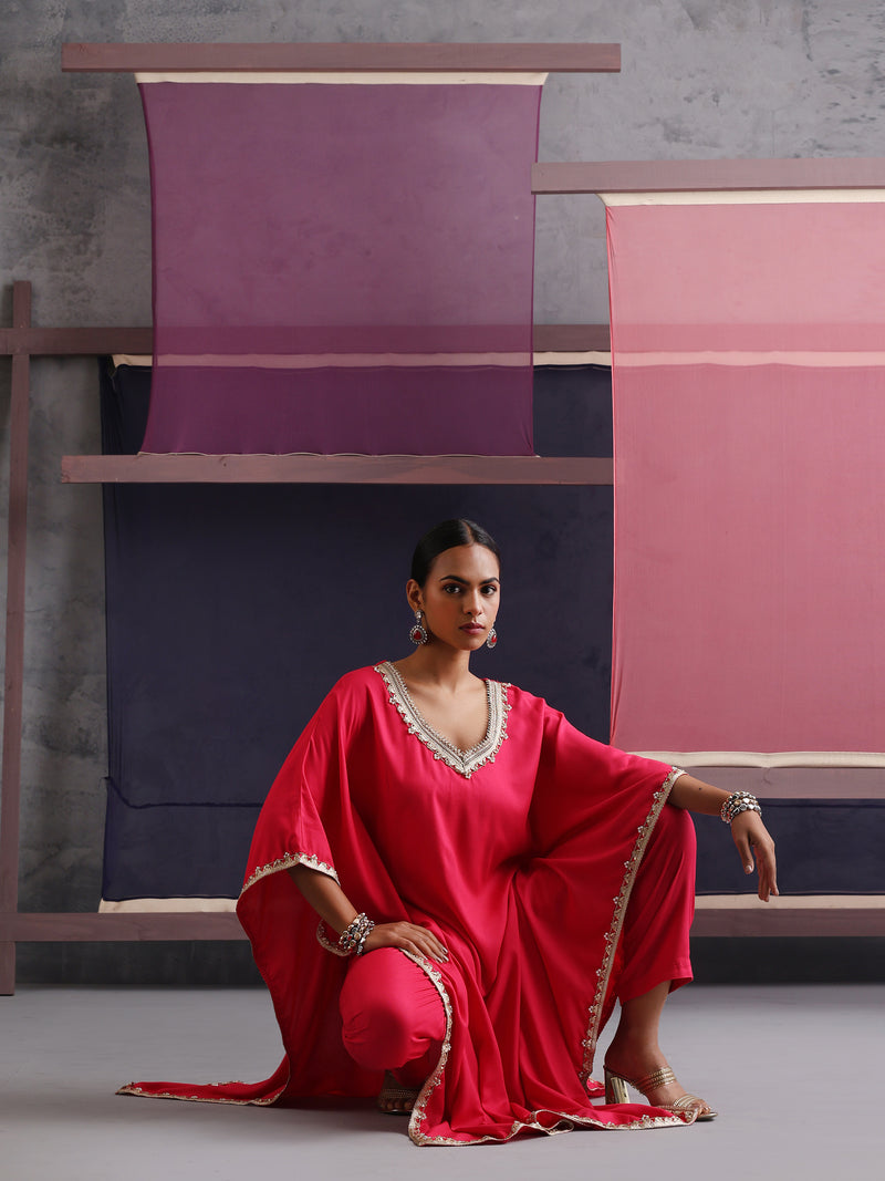 Khushal K Women V-Neck Pink Kaftan set