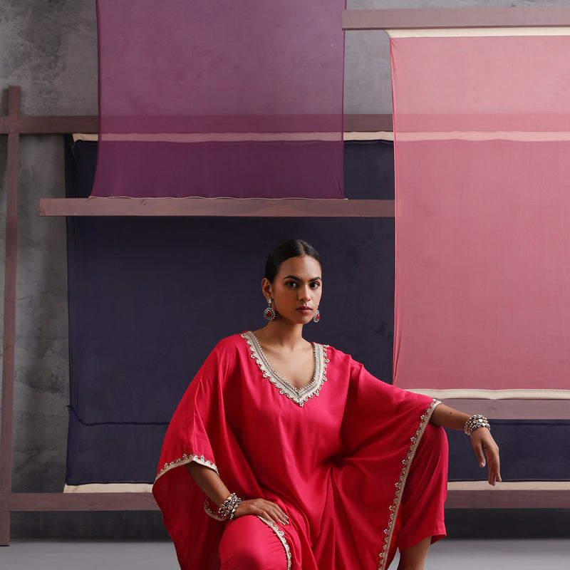 Women V-Neck Pink Kaftan Set - Khushal K - Image 9