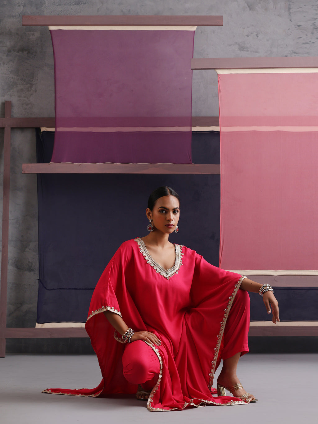 Khushal K Women V-Neck Pink Kaftan set