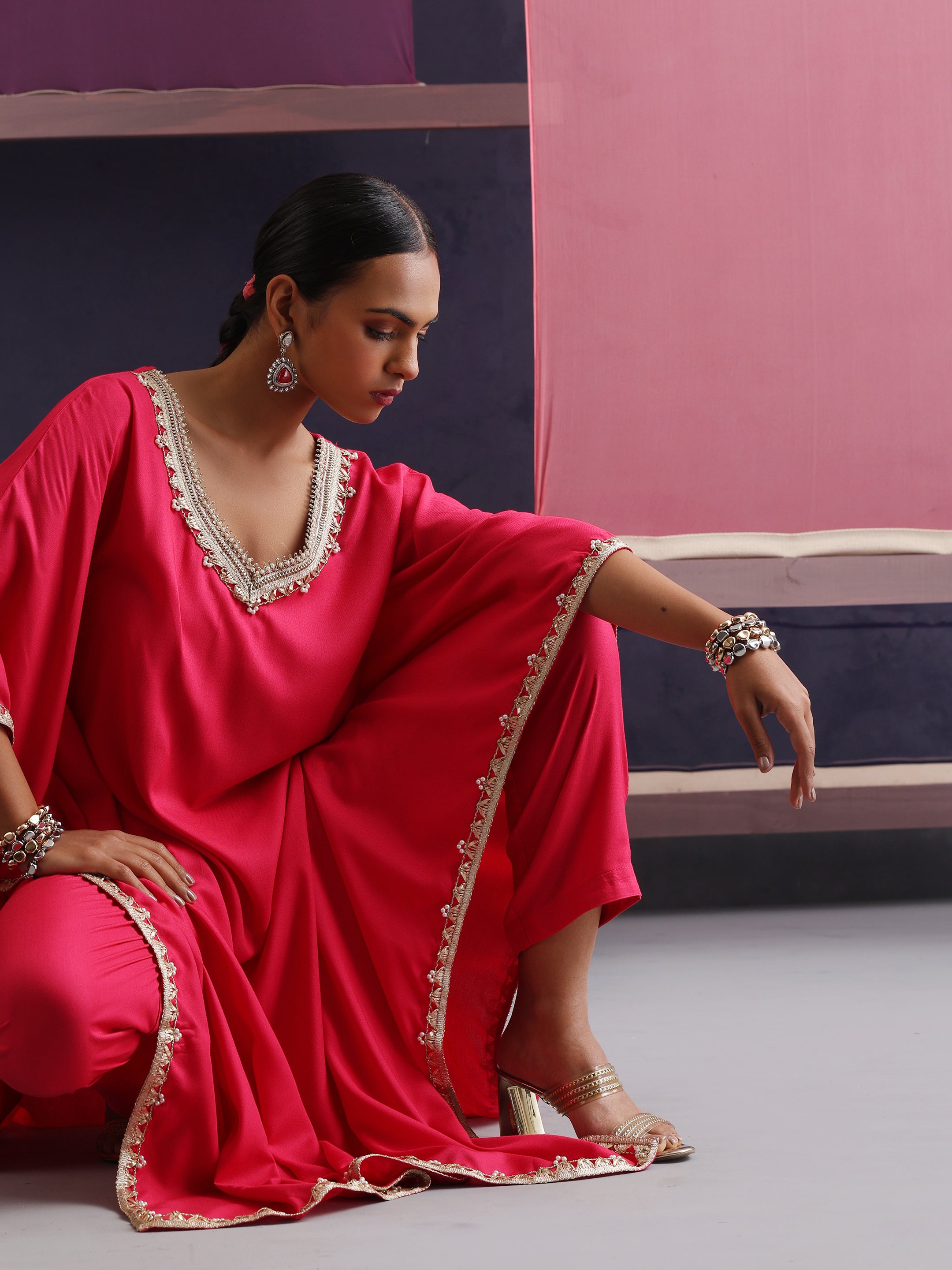 Khushal K Women V-Neck Pink Kaftan set