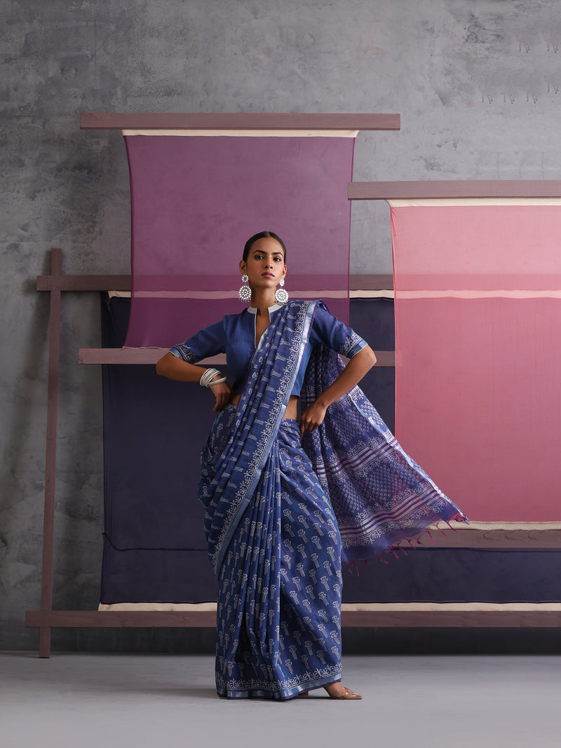 Women Hand Block Blue Cotton Linen Printed Saree
