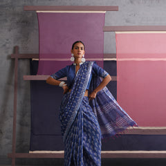 Women Hand Block Blue Cotton Linen Printed Saree
