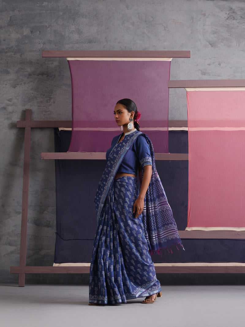 Women Hand Block Blue Cotton Linen Printed Saree