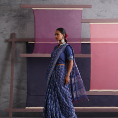 Women Hand Block Blue Cotton Linen Printed Saree