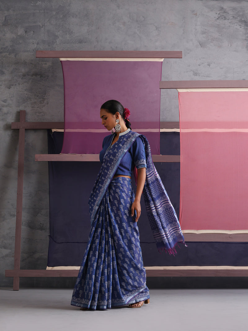 Women Hand Block Blue Cotton Linen Printed Saree