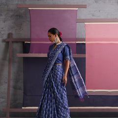 Women Hand Block Blue Cotton Linen Printed Saree
