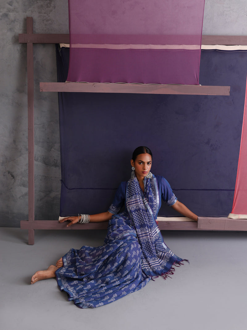 Women Hand Block Blue Cotton Linen Printed Saree