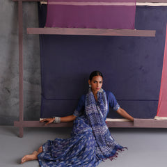 Women Hand Block Blue Cotton Linen Printed Saree