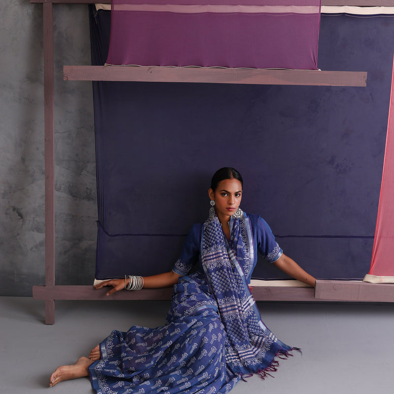 Women Hand Block Blue Cotton Linen Printed Saree - Khushal K - Image 11